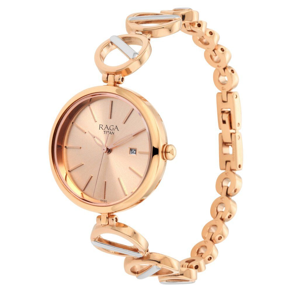 Titan Raga Viva Quartz Analog with Day and Date Rose Gold Dial Two Toned Metal Strap Watch For Women