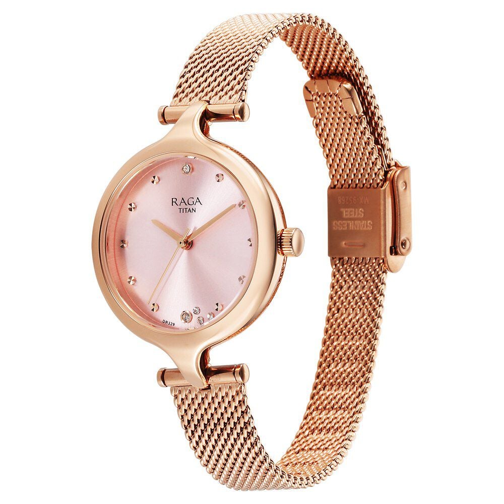 Titan Raga Showstopper Quartz Analog Rose Gold Dial Metal Strap Watch For Women