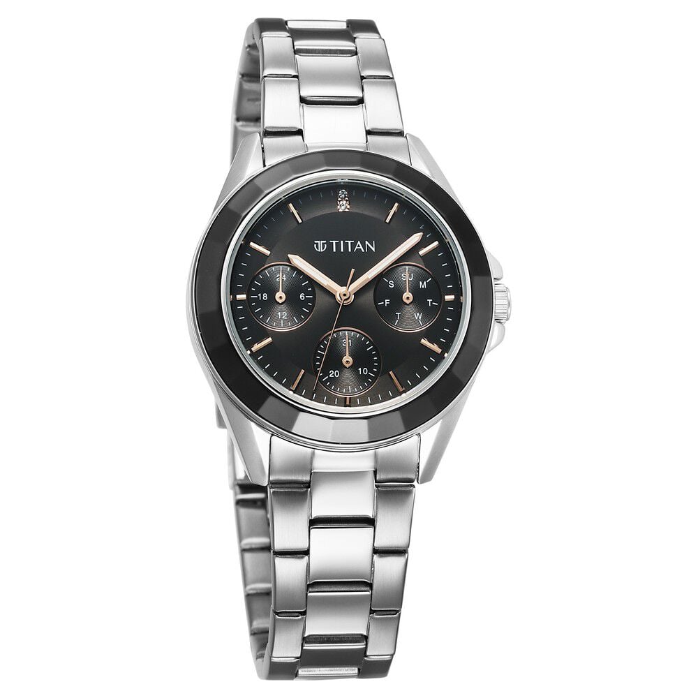 Titan Glamour Quartz Multifunction Black Dial Silver Stainless Steel Strap Watch For Women