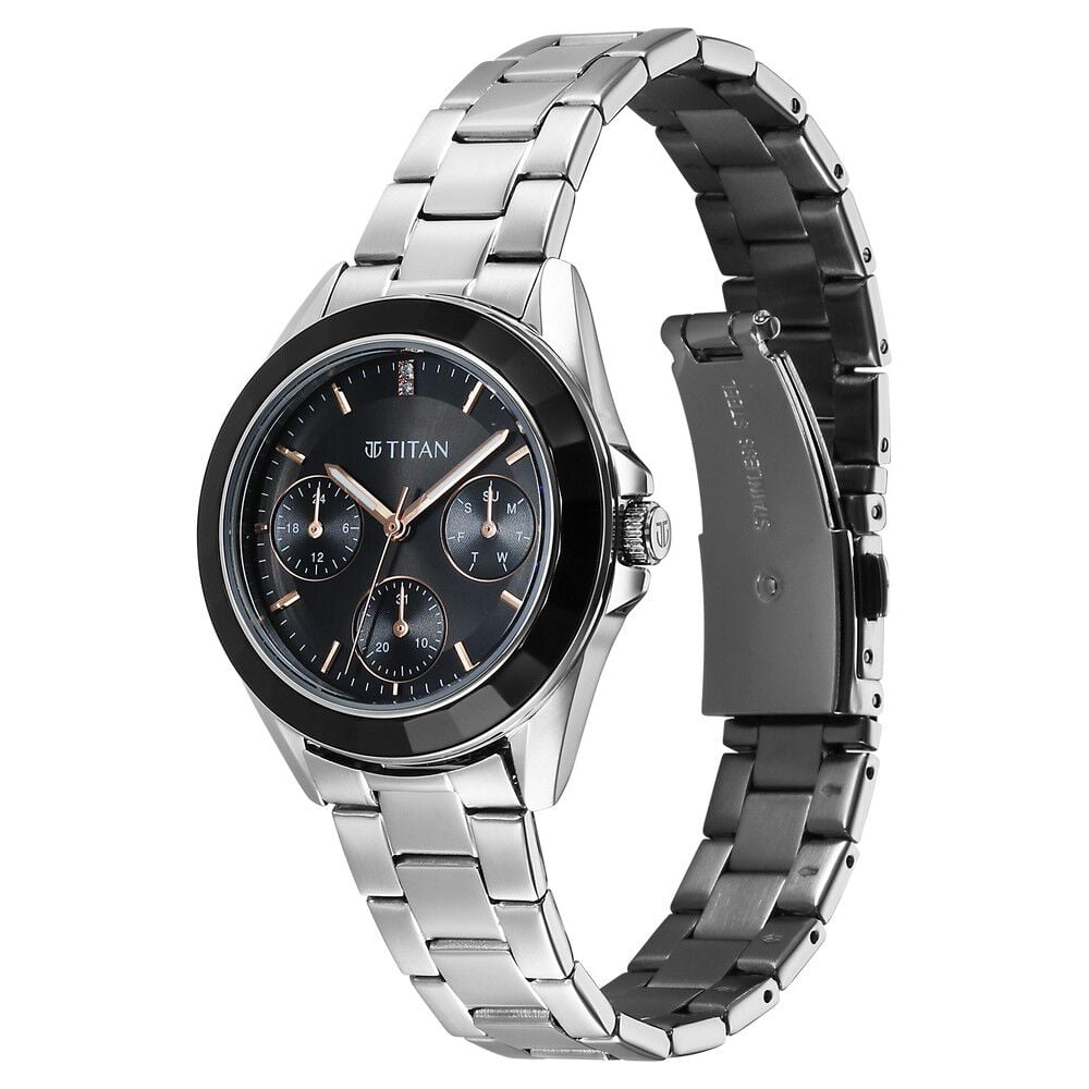 Titan Glamour Quartz Multifunction Black Dial Silver Stainless Steel Strap Watch For Women
