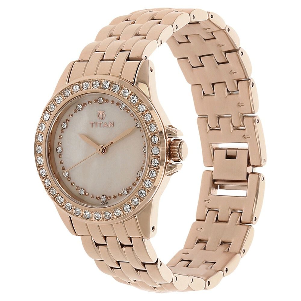 Titan Quartz Analog Champagne Dial Stainless Steel Strap Watch for Women