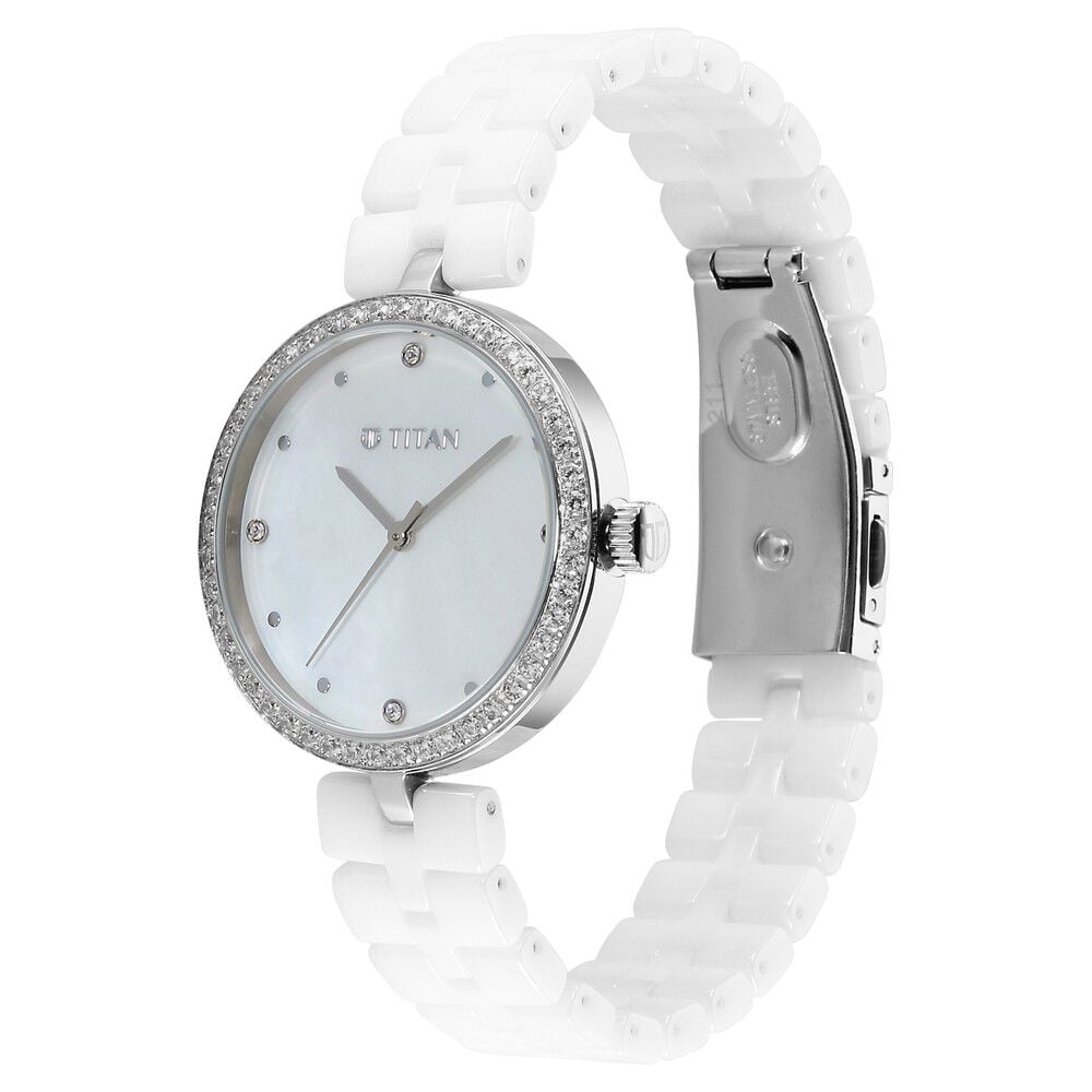 Titan Purple Ceramics Quartz Analog Mother of Pearl Dial White Ceramic Strap Watch For Women