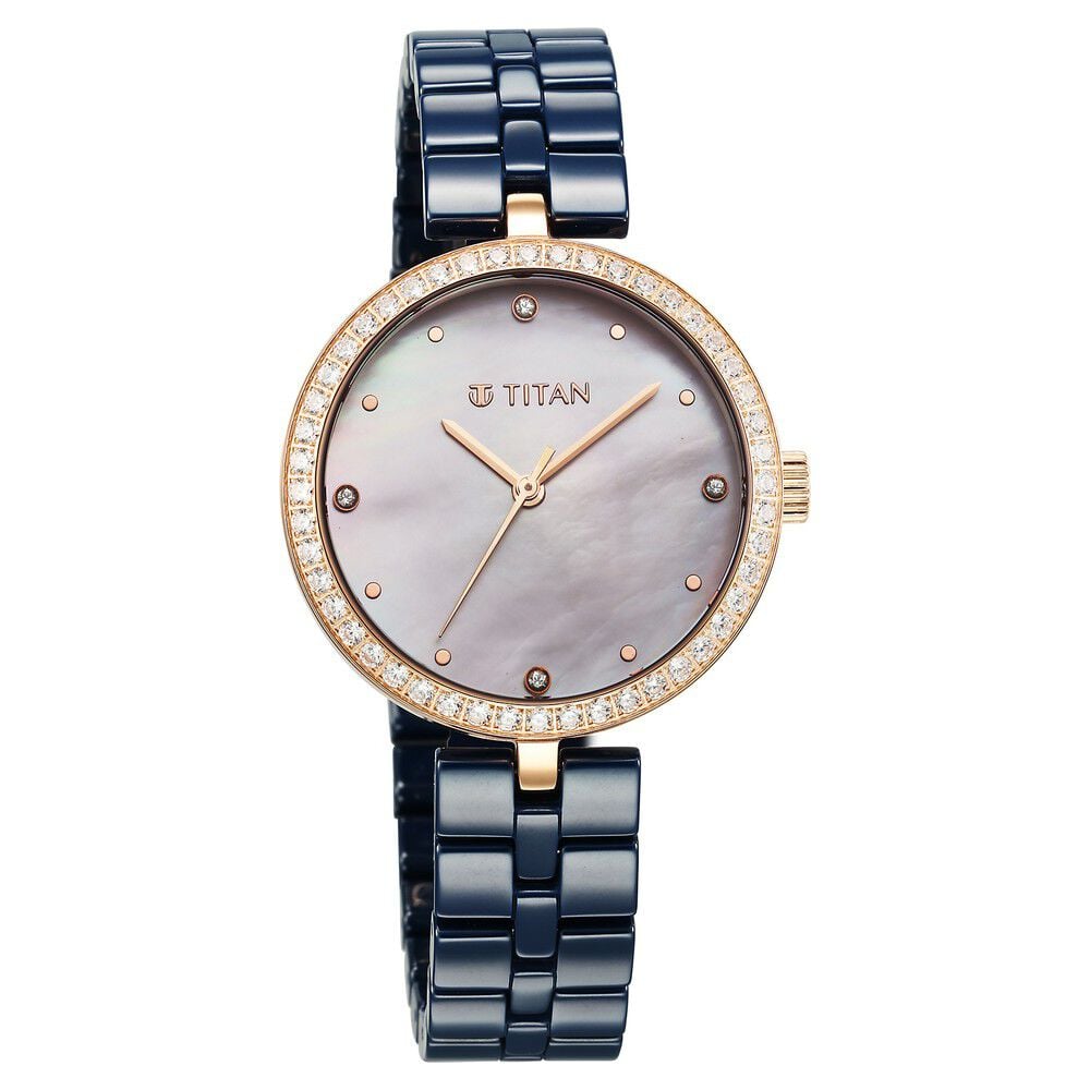 Titan Purple Ceramics Quartz Analog Mother of Pearl Dial Blue Ceramic Strap Watch For Women