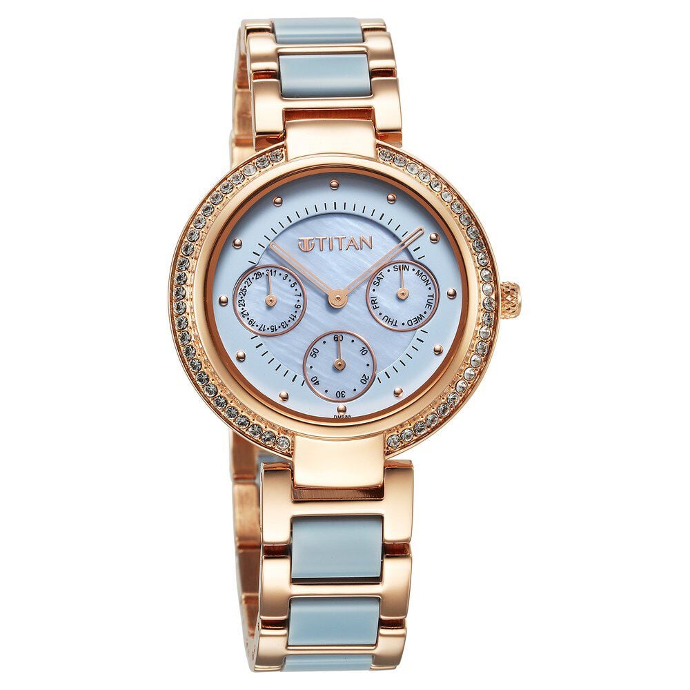 Titan Acetate Quartz Multifunction Mother Of Pearl Dial Two Toned Strap Watch for Women