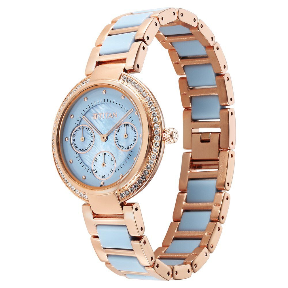 Titan Acetate Quartz Multifunction Mother Of Pearl Dial Two Toned Strap Watch for Women
