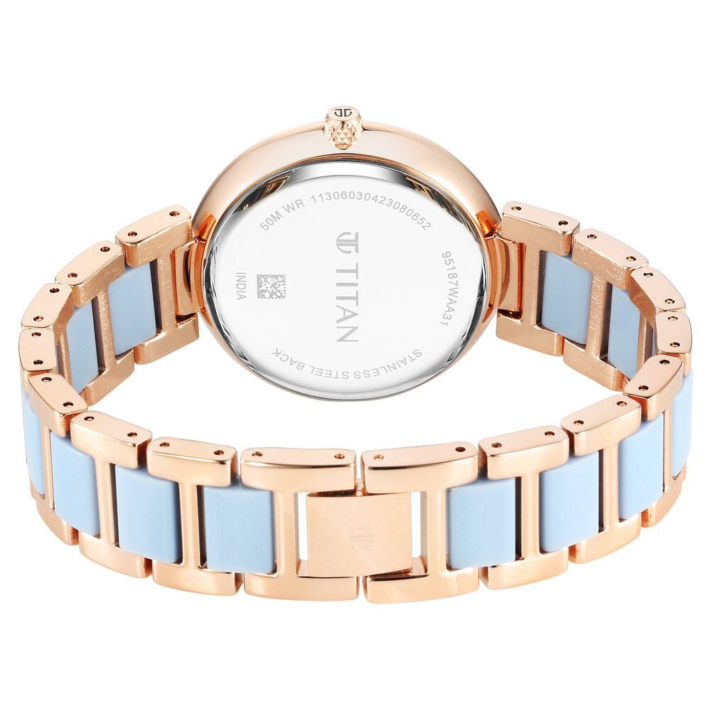 Titan Acetate Quartz Multifunction Mother Of Pearl Dial Two Toned Strap Watch for Women