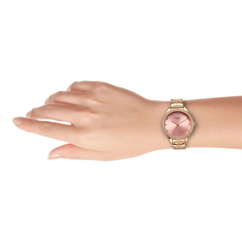 Titan Raga Showstopper Quartz Analog Pink Round Dial Rose Gold Metal Strap Watch For Women