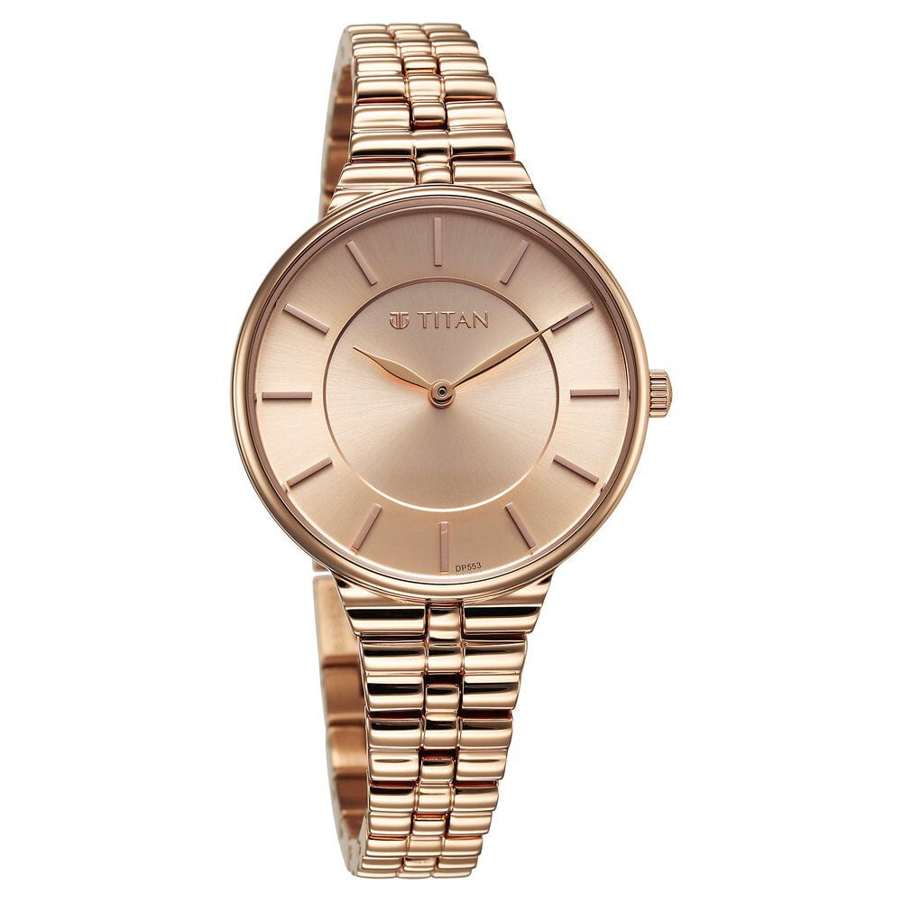 Titan Aura Quartz Analog Rose Gold Dial Stainless Steel Strap Watch for Women