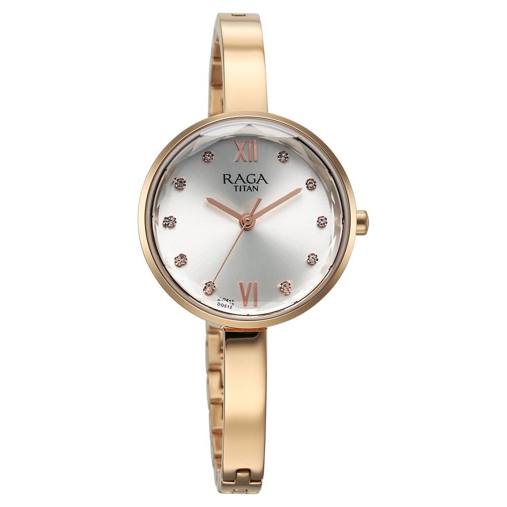 Titan Raga Showstopper Quartz Analog Silver Dial Rose Gold Metal Strap Watch For Women