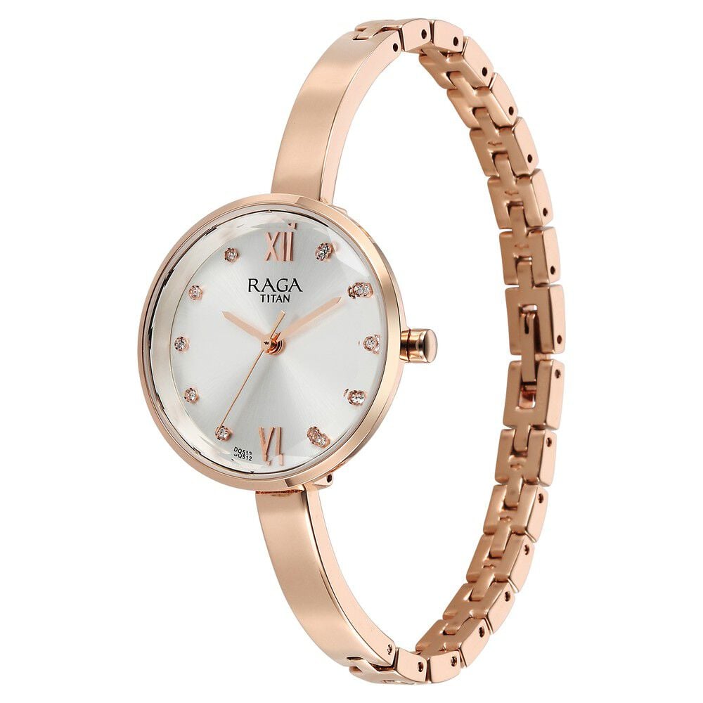 Titan Raga Showstopper Quartz Analog Silver Dial Rose Gold Metal Strap Watch For Women