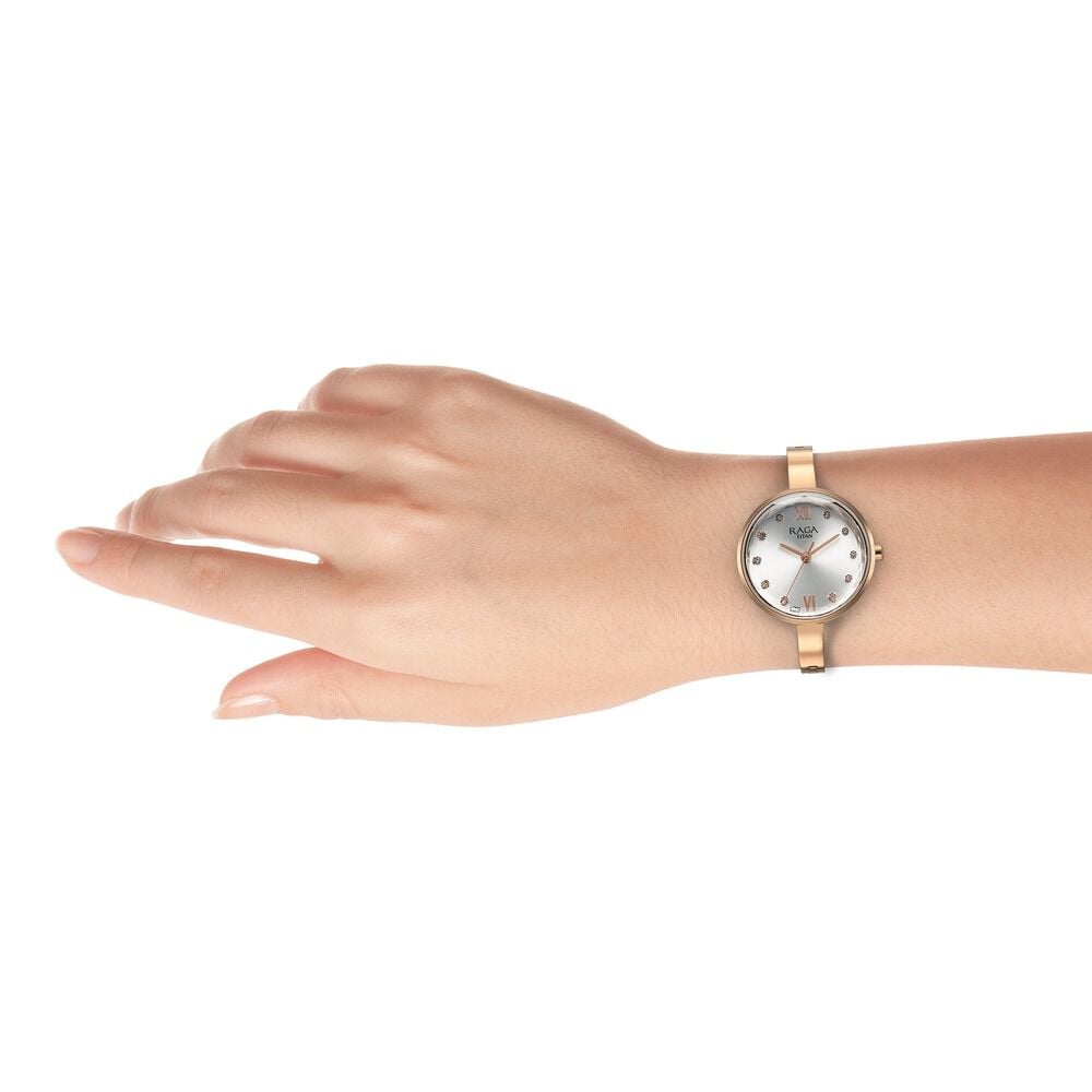 Titan Raga Showstopper Quartz Analog Silver Dial Rose Gold Metal Strap Watch For Women