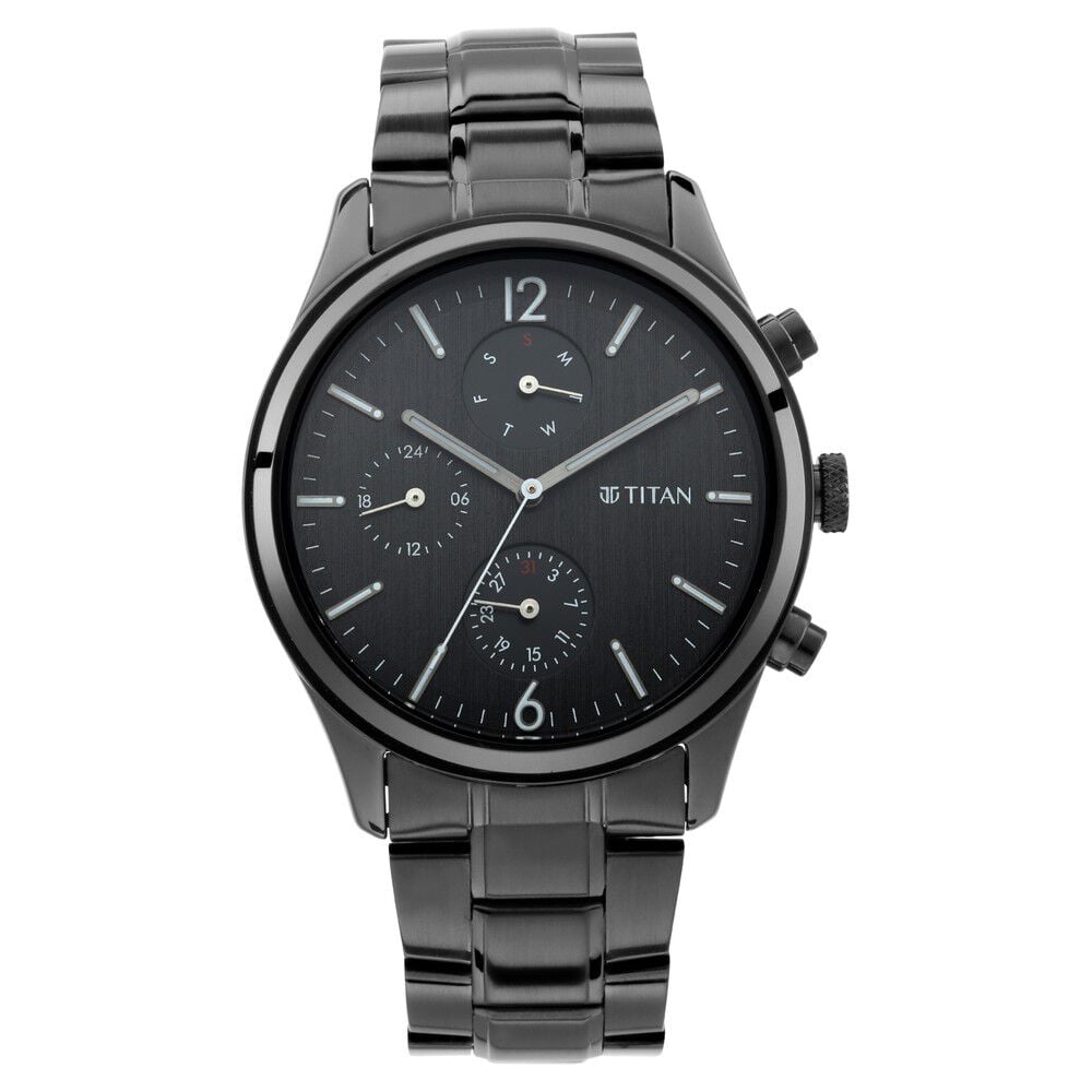 Titan Workwear Multifunction Black Dial Black Metal Strap Watch For Men