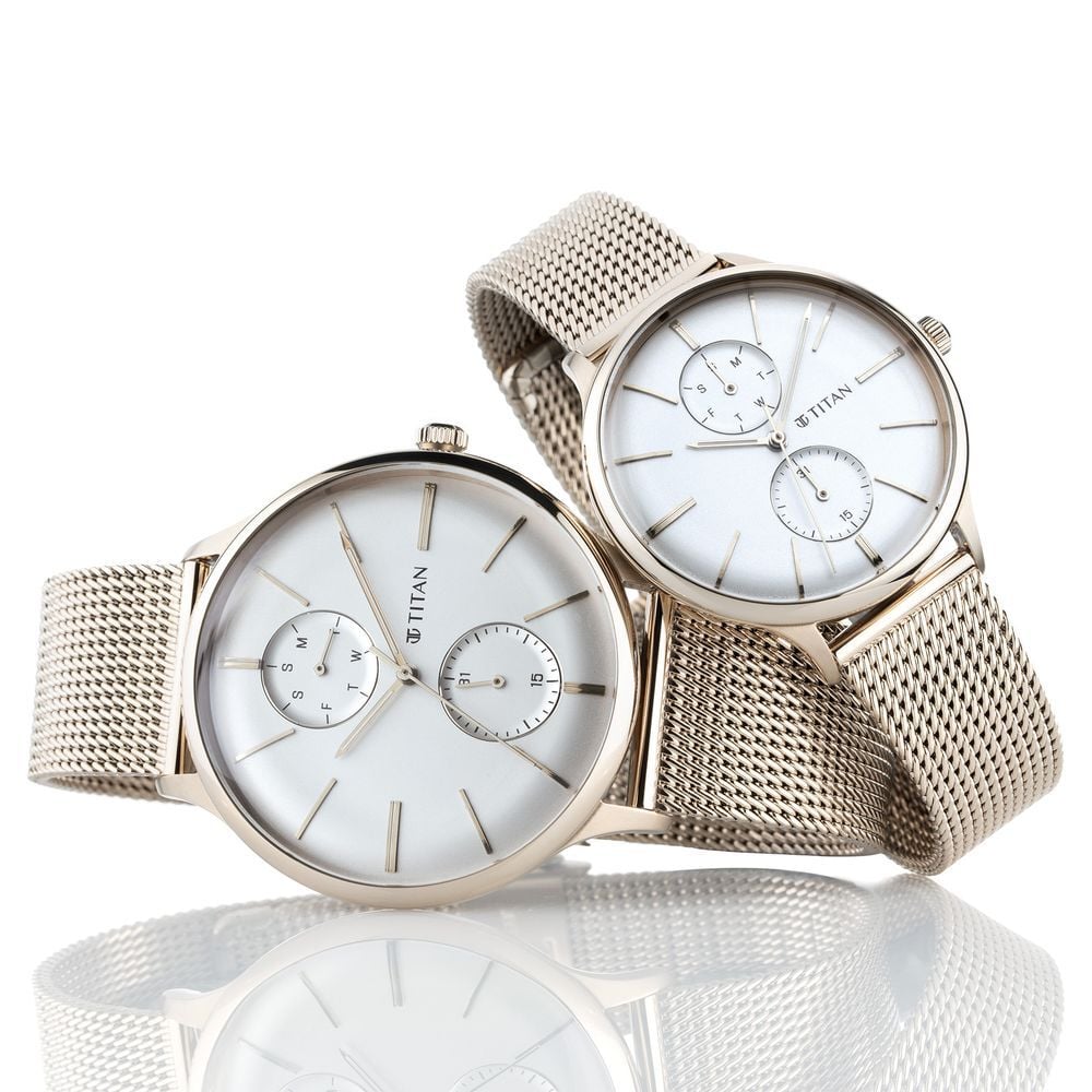 Titan Quartz Multifunction White Dial Stainless Steel Strap Watch for Couple