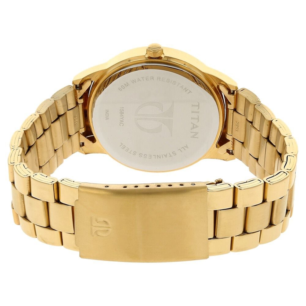 Titan Quartz Analog with Day and Date Silver Round Dial Golden Stainless Steel Strap Watch For Men