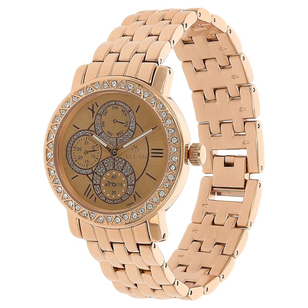 Titan Quartz Analog with Day and Date Rose Gold Dial Metal Strap Watch for Women