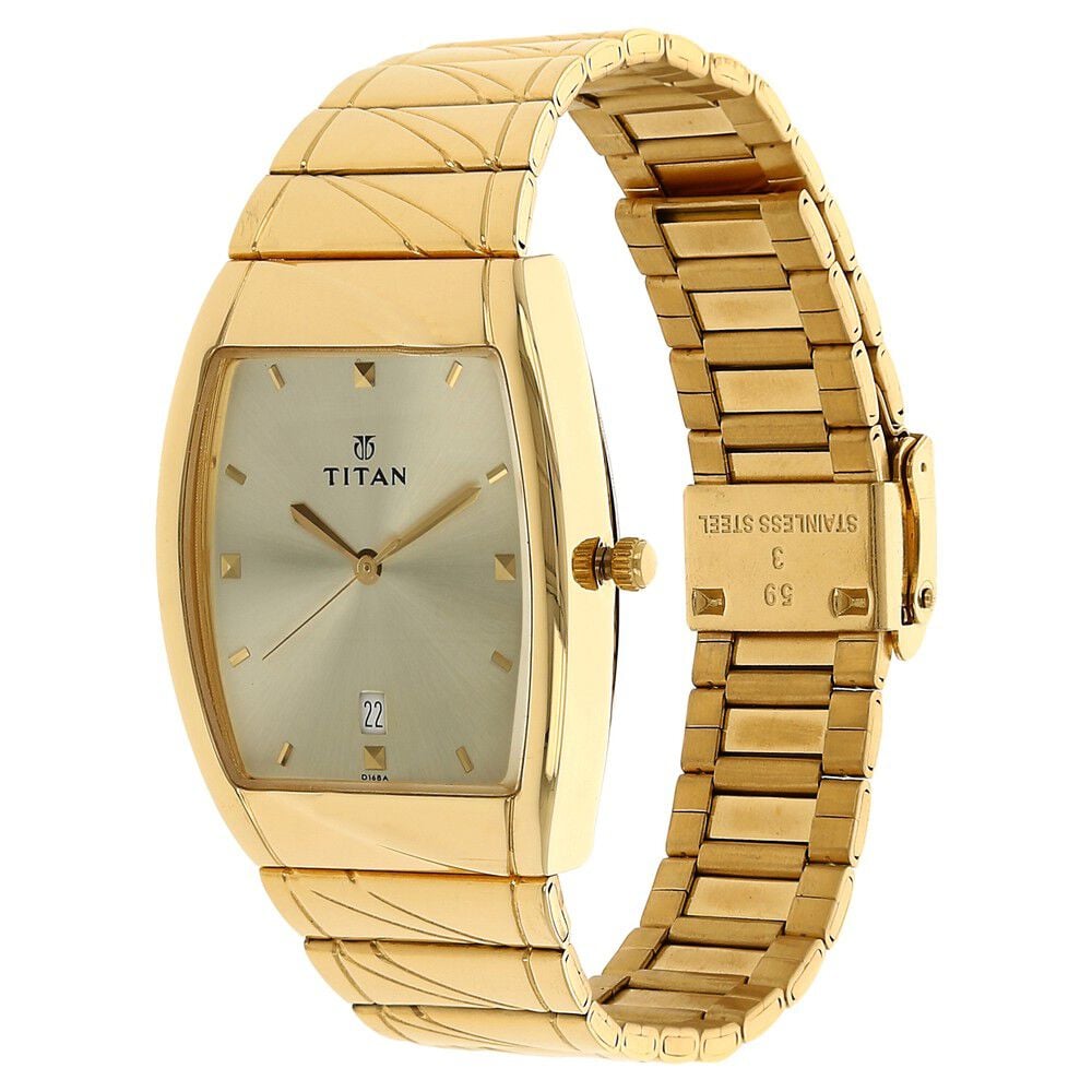 Titan Rectangle Champagne Dial Analog with Date Stainless Steel Strap watch for Men