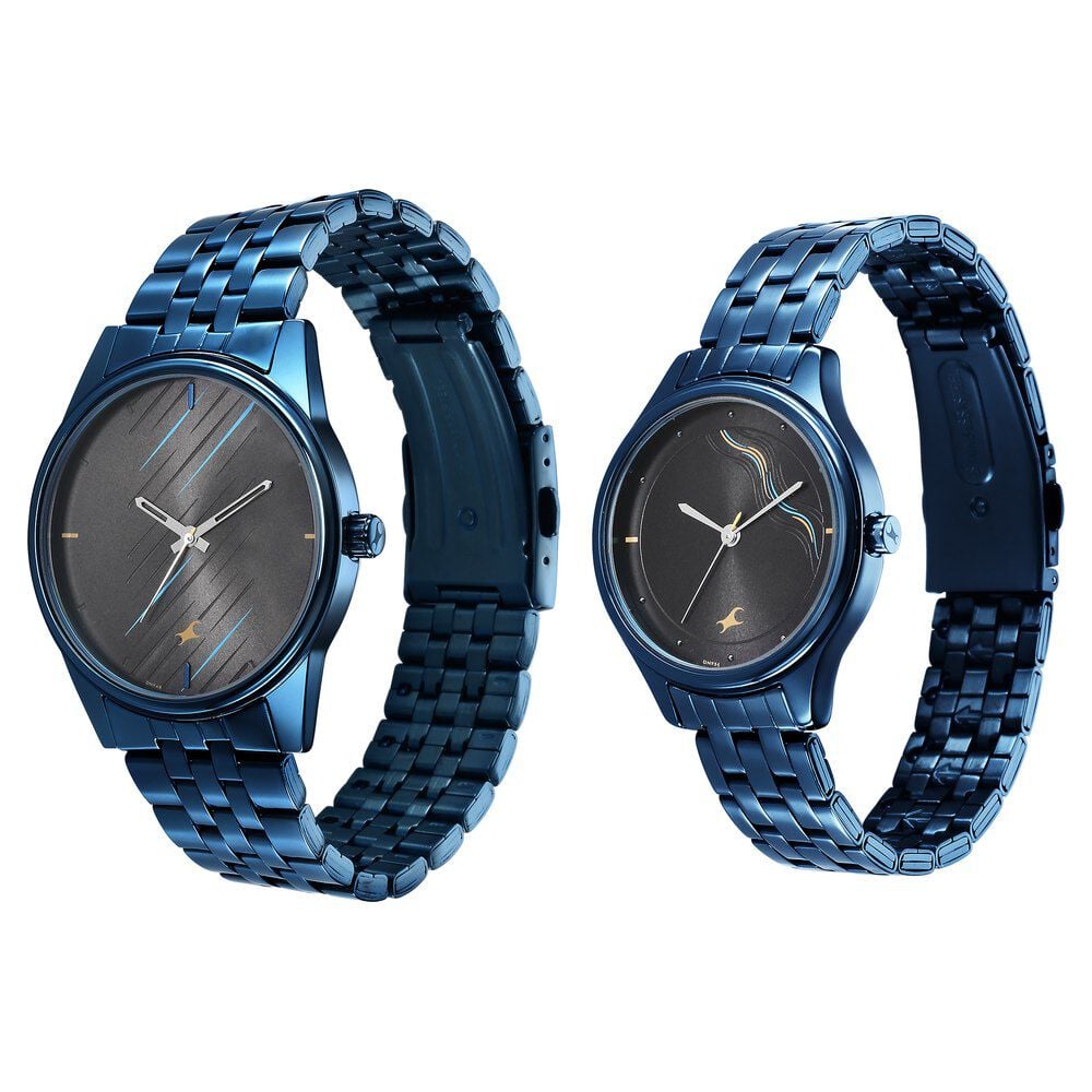 Fastrack Mixmatched Quartz Analog Black Dial Blue Stainless Steel Strap Watch for Couple