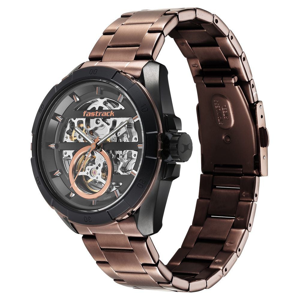 Fastrack Automatics Black Dial Brown Stainless Steel Strap Watch For Guys