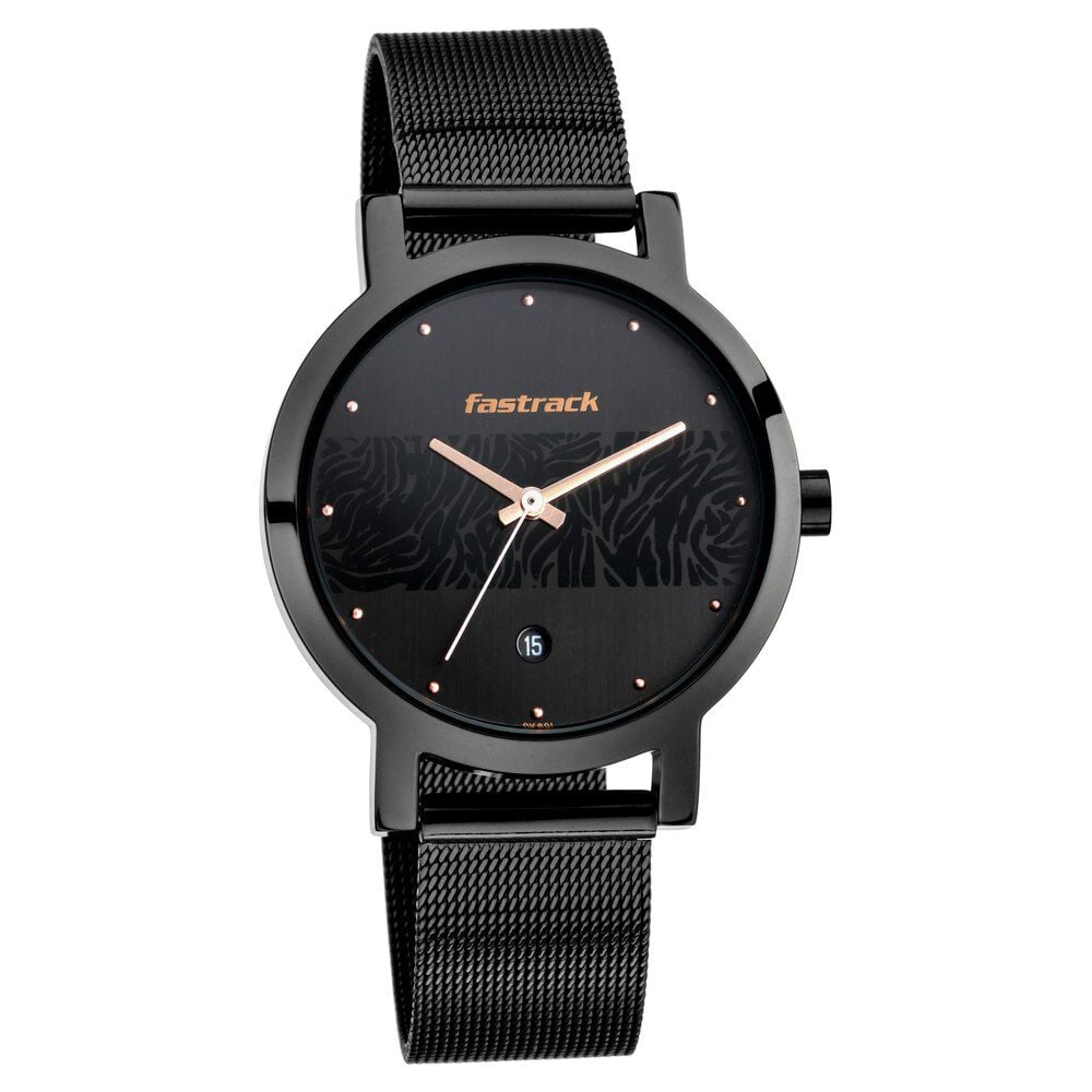 Fastrack Animal Print Quartz Analog with Date Black Dial Stainless Steel Strap Watch for Girls