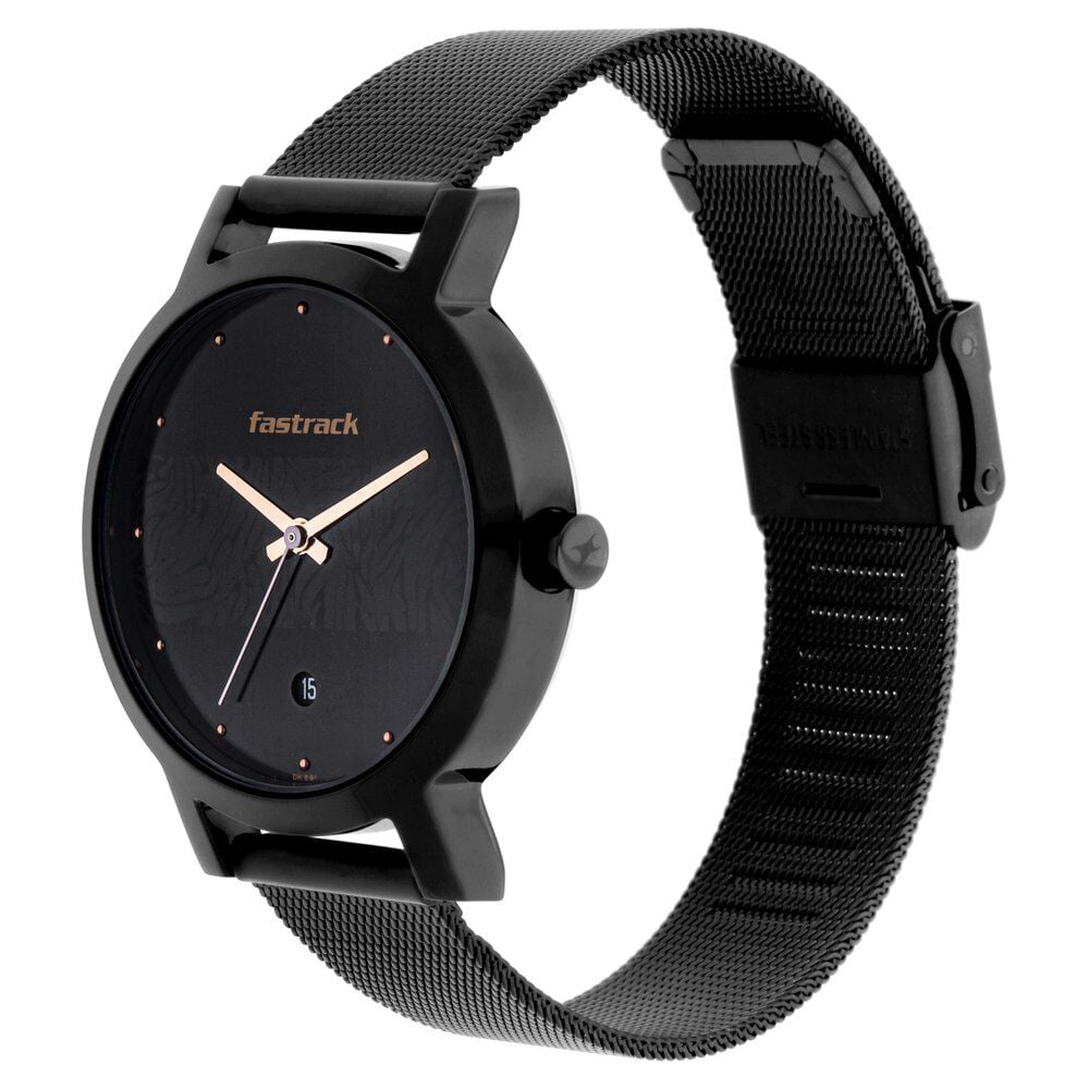 Fastrack Animal Print Quartz Analog with Date Black Dial Stainless Steel Strap Watch for Girls