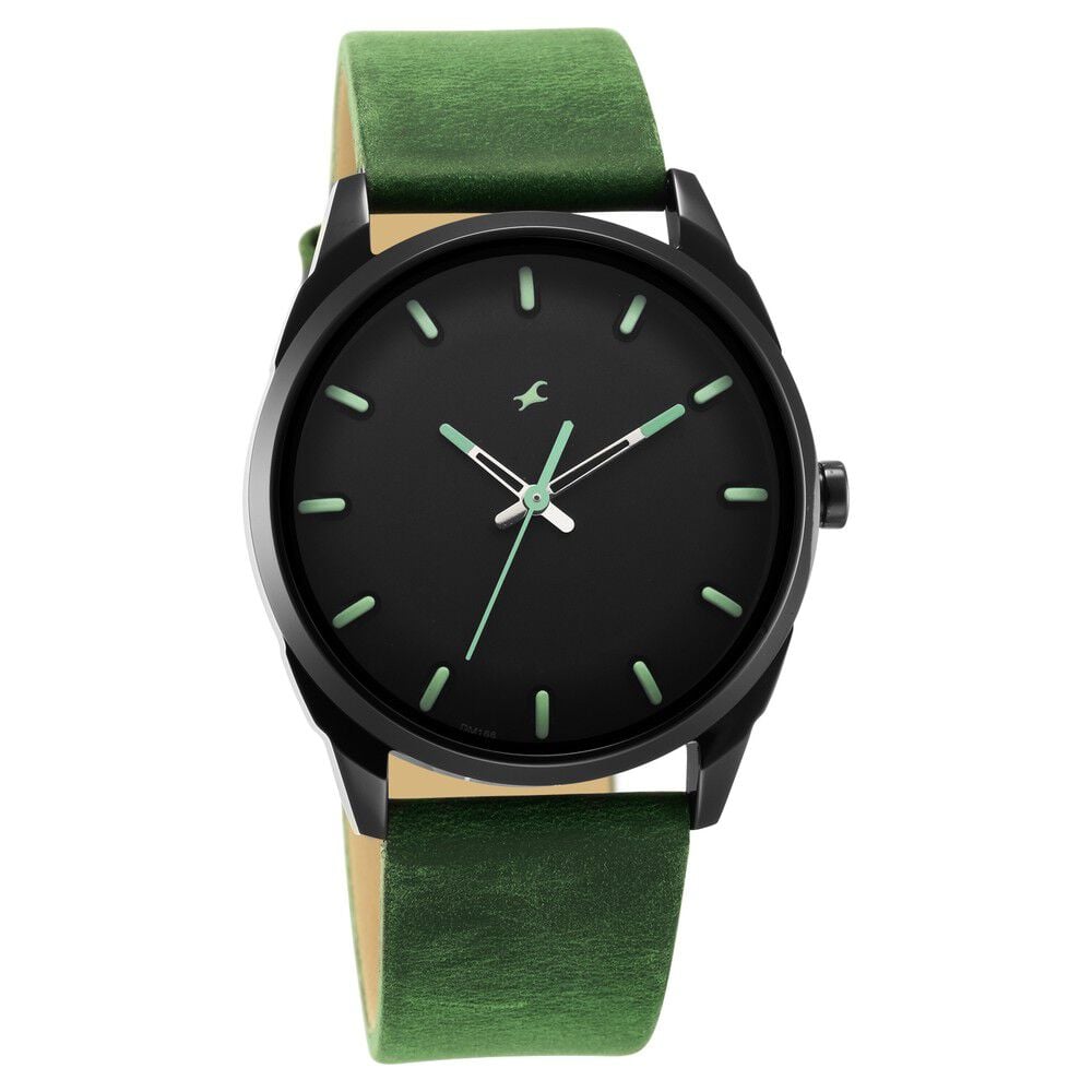 Fastrack After Dark Black Dial Green Leather Strap Watch for Guys