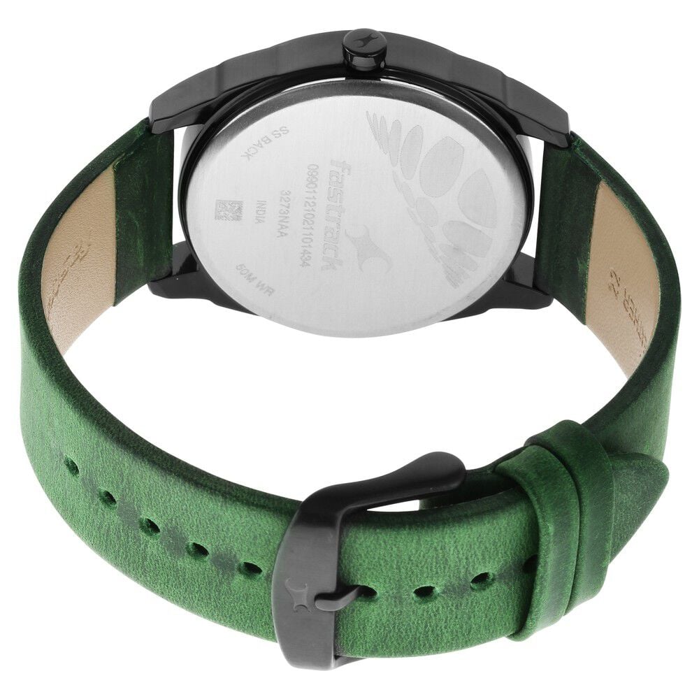 Fastrack After Dark Black Dial Green Leather Strap Watch for Guys