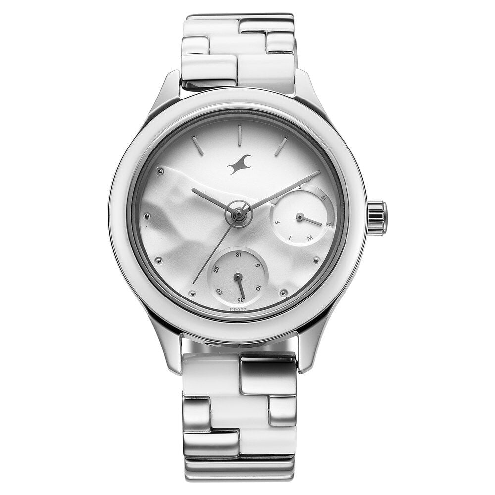 Fastrack Cerame Quartz Multifunction Silver Dial With Silver Color Steel & Ceramic Strap Watch For Girls