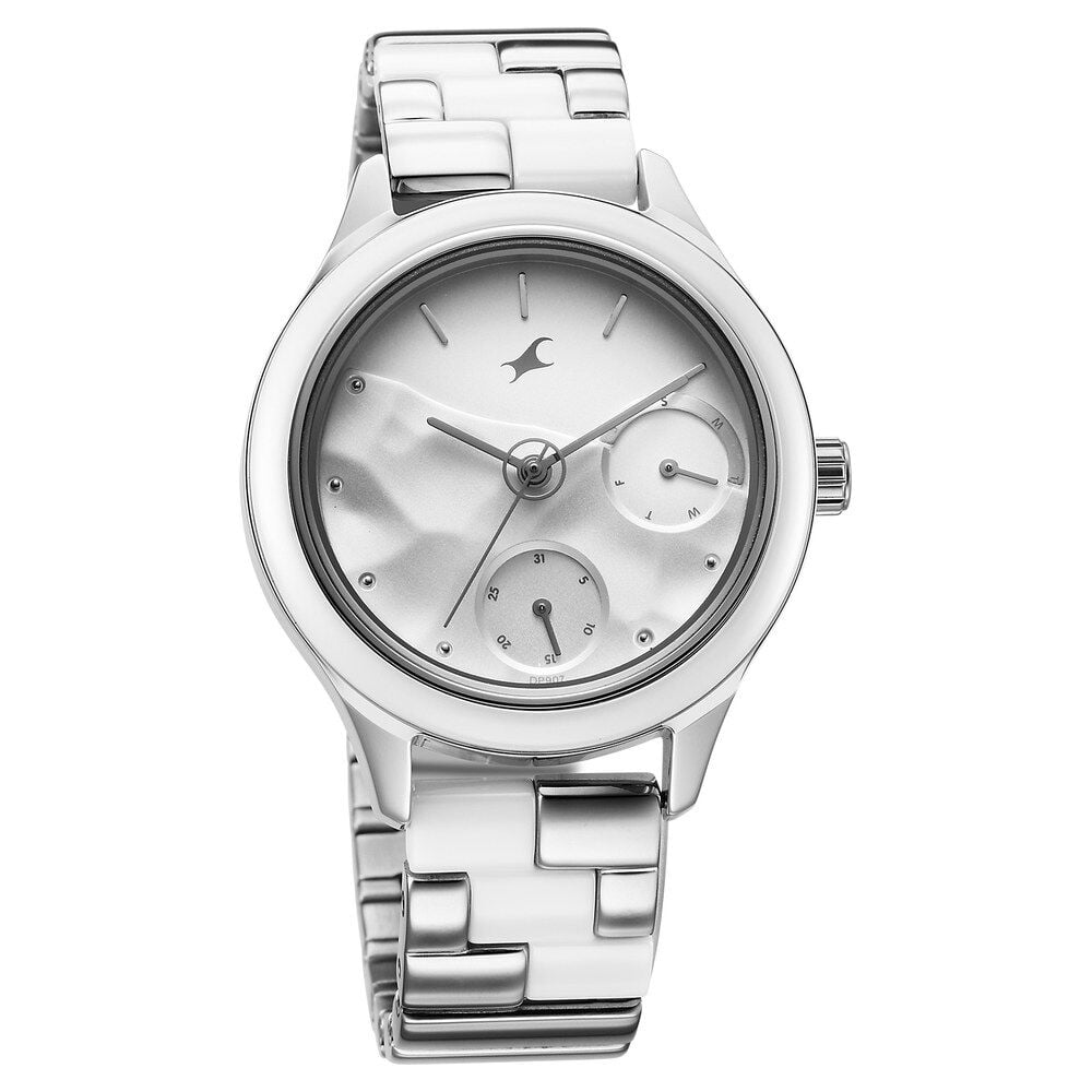 Fastrack Cerame Quartz Multifunction Silver Dial With Silver Color Steel & Ceramic Strap Watch For Girls