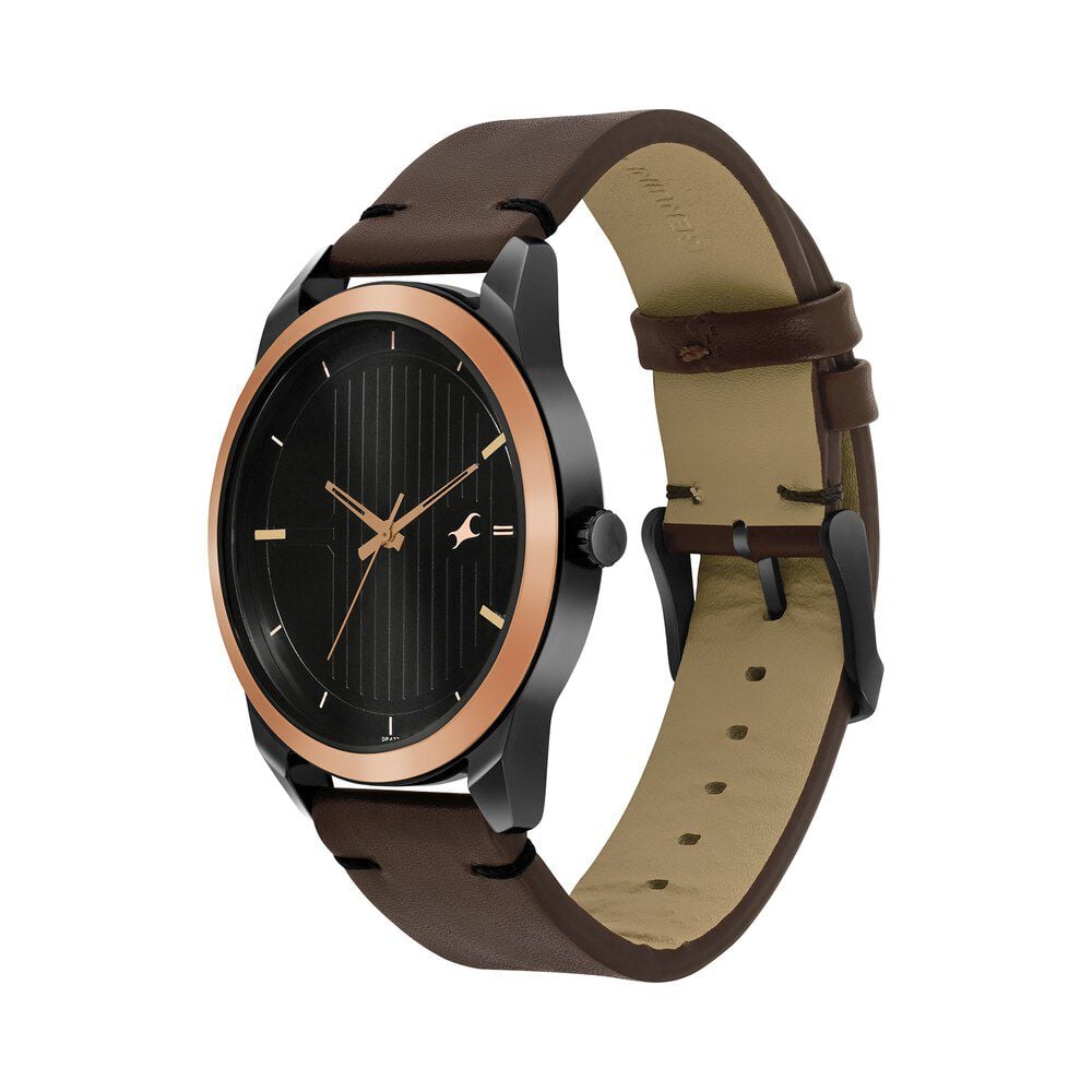 Fastrack Stunners Quartz Analog Black dial Leather Strap Watch for Guys