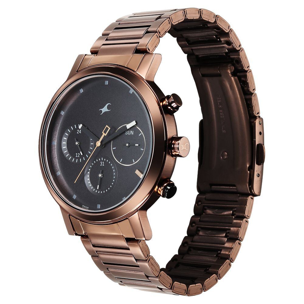 Fastrack Tick Tock Quartz Analog Black Dial With Brown Stainless steel Strap Watch for Guys