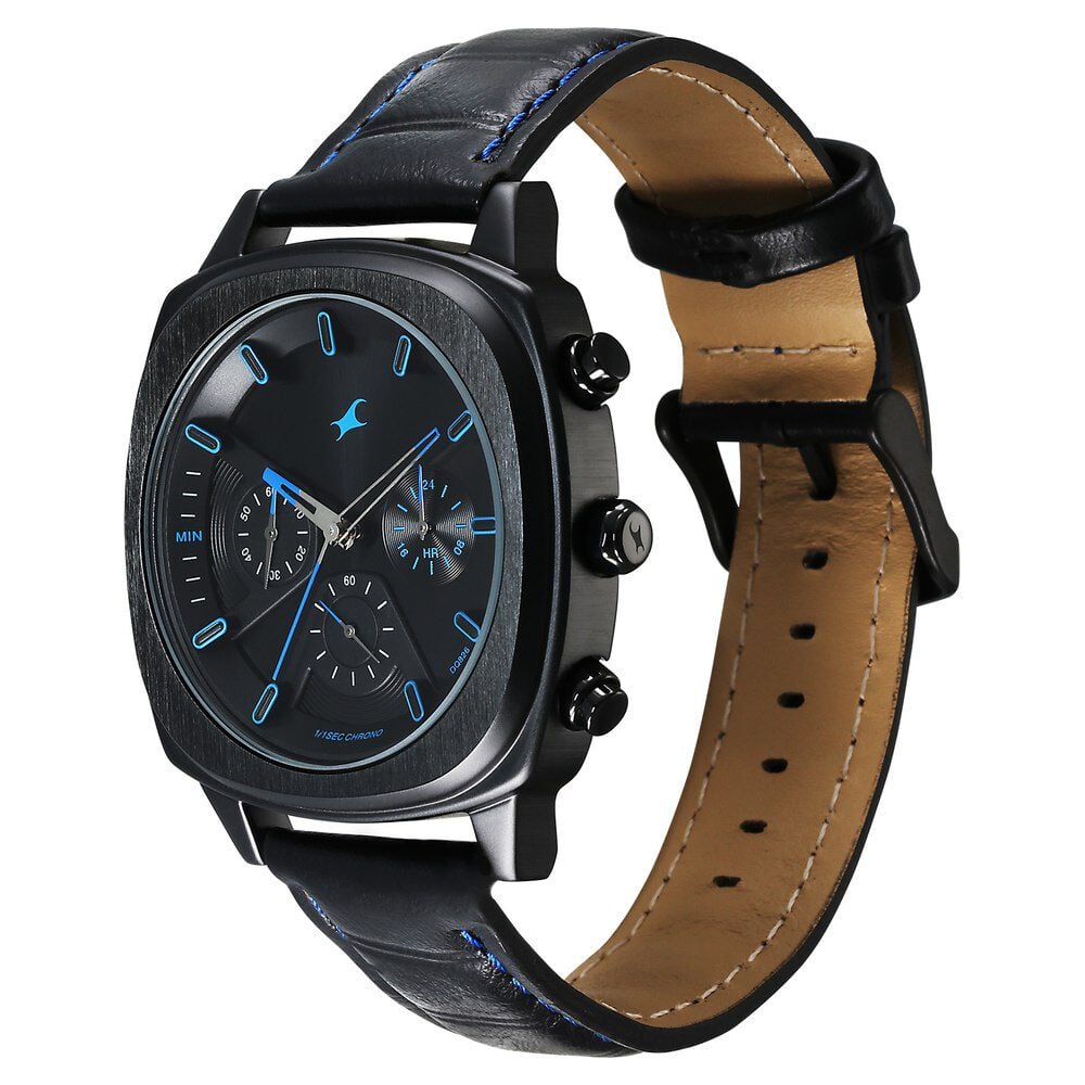 Fastrack Kronos Chronograph Black Dial Black Leather Strap Watch For Guys