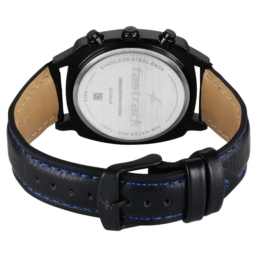 Fastrack Kronos Chronograph Black Dial Black Leather Strap Watch For Guys