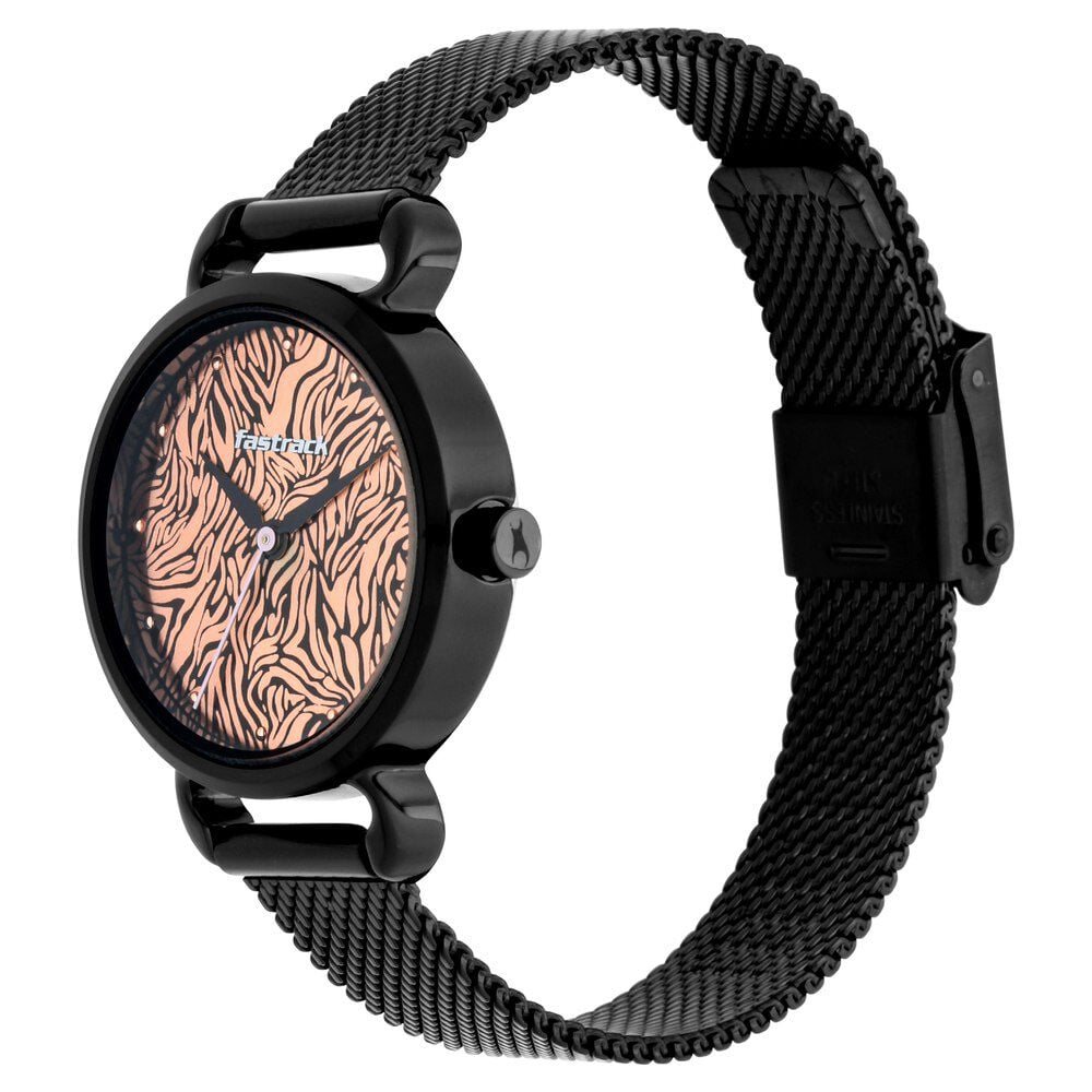 Fastrack Animal Print Quartz Analog Rose Gold Dial Stainless Steel Strap Watch for Girls