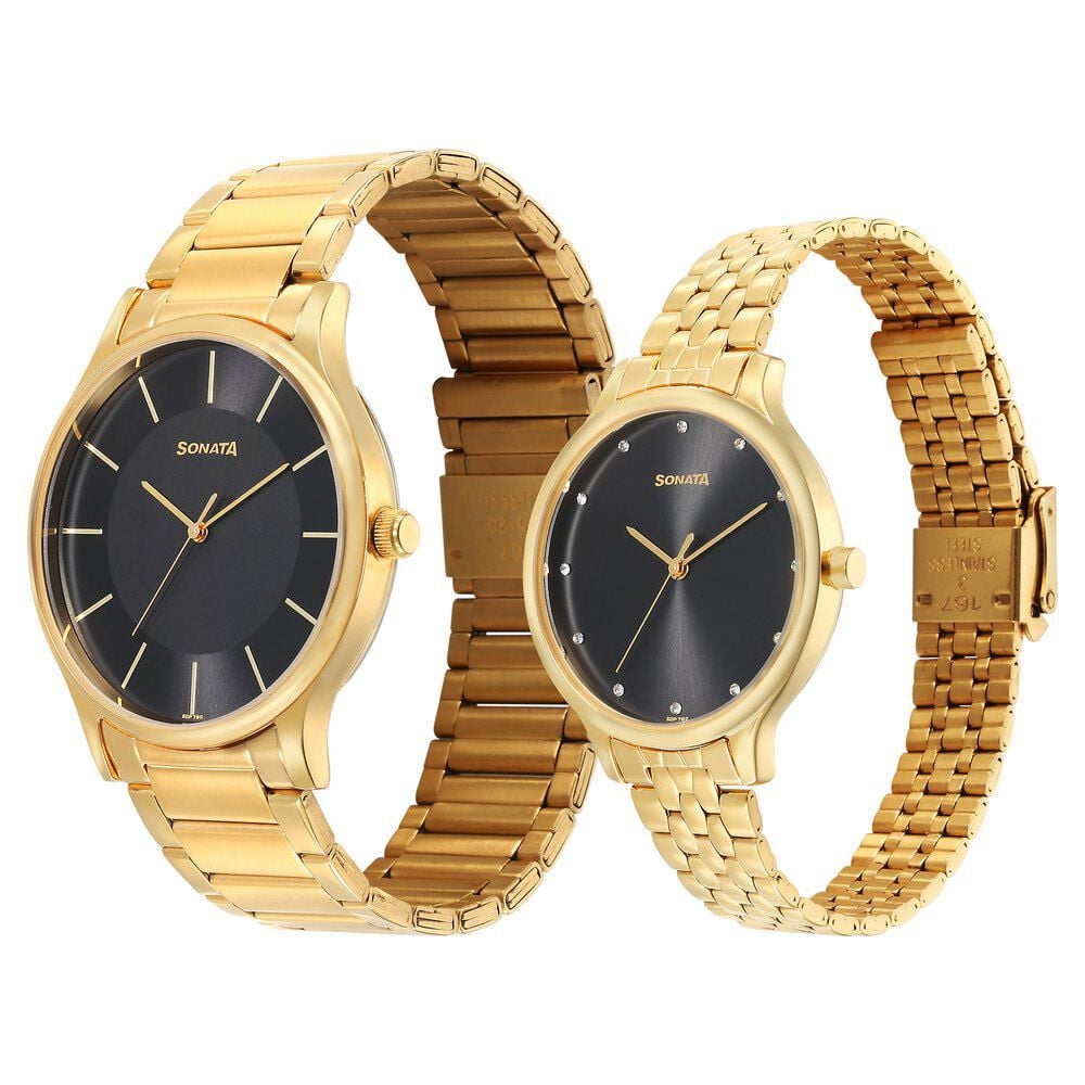 Sonata Pair Quartz Analog Black Dial Stainless Steel Strap Watch for Couple