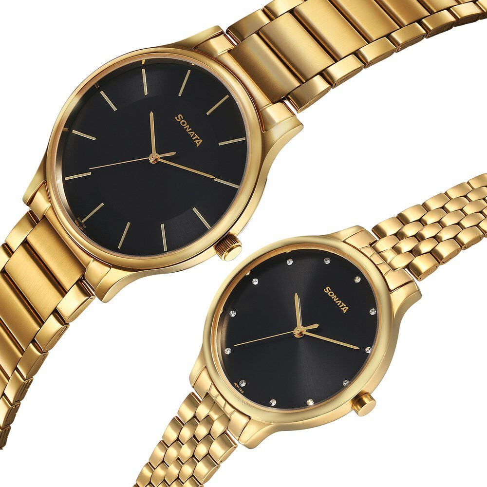 Sonata Pair Quartz Analog Black Dial Stainless Steel Strap Watch for Couple