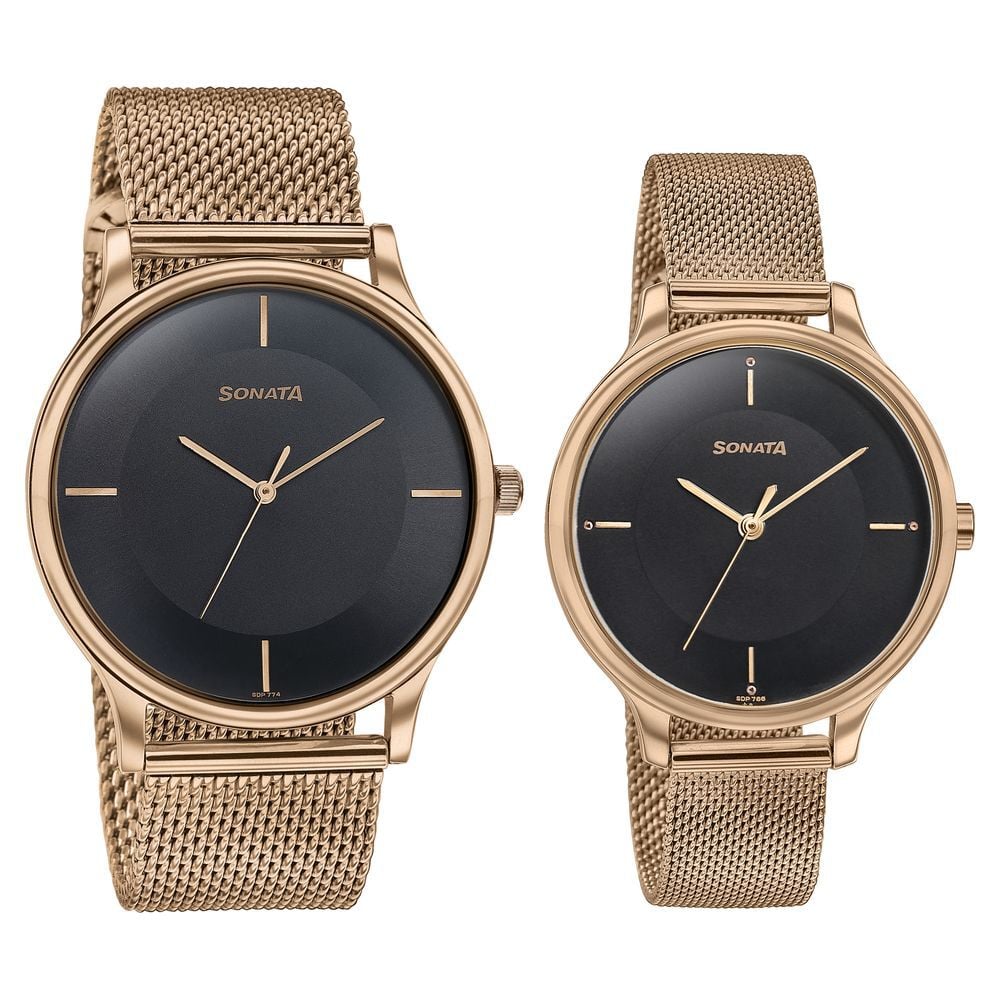 Sonata Modern Bandhan Quartz Analog Black Dial Rose Gold Stainless Steel Strap Watch For Couple