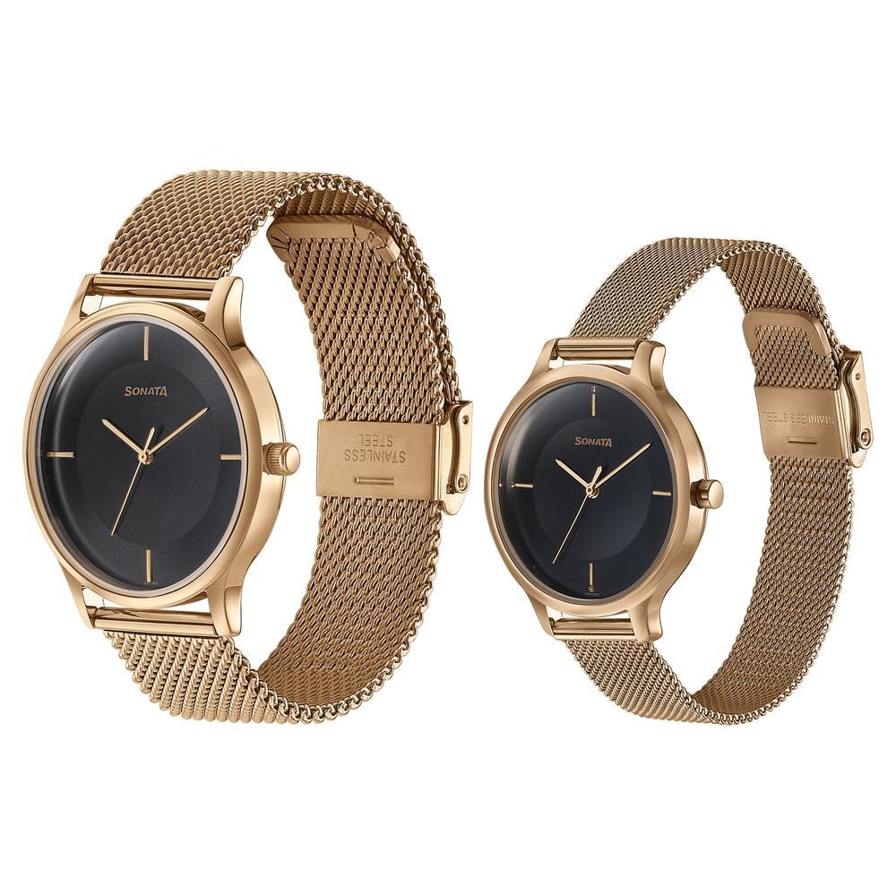 Sonata Modern Bandhan Quartz Analog Black Dial Rose Gold Stainless Steel Strap Watch For Couple