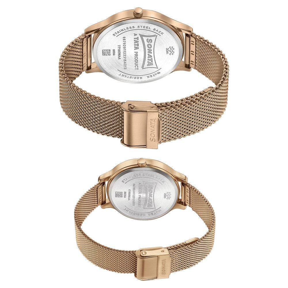 Sonata Modern Bandhan Quartz Analog Black Dial Rose Gold Stainless Steel Strap Watch For Couple