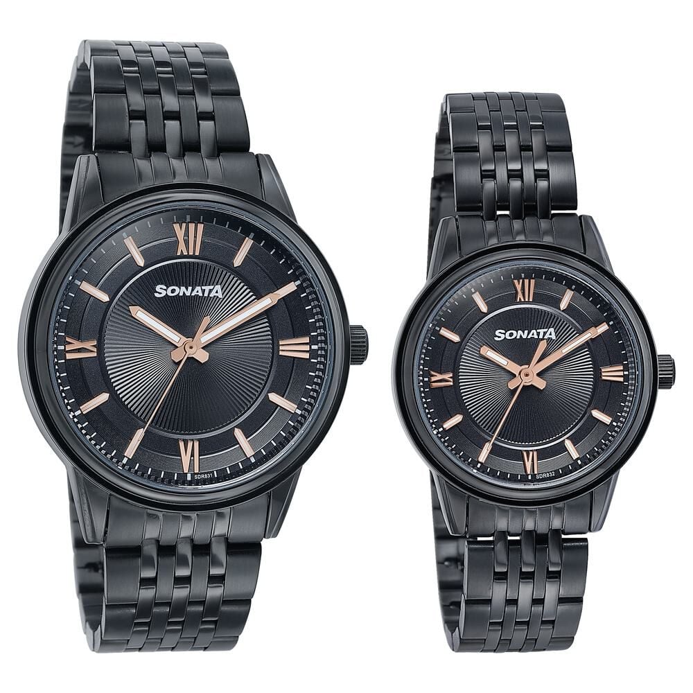 Sonata Wedding Edit Quartz Analog Black Dial Stainless Steel Strap Watch For Pair