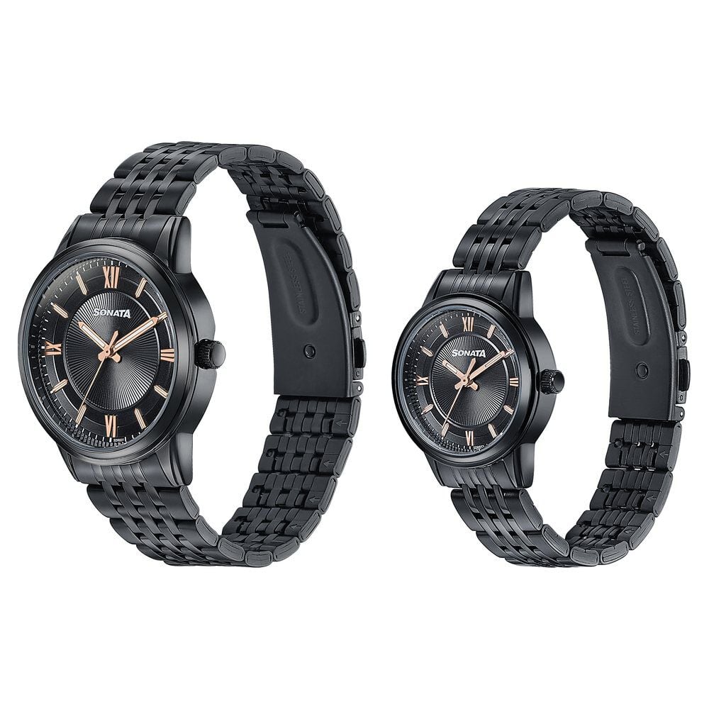 Sonata Wedding Edit Quartz Analog Black Dial Stainless Steel Strap Watch For Pair