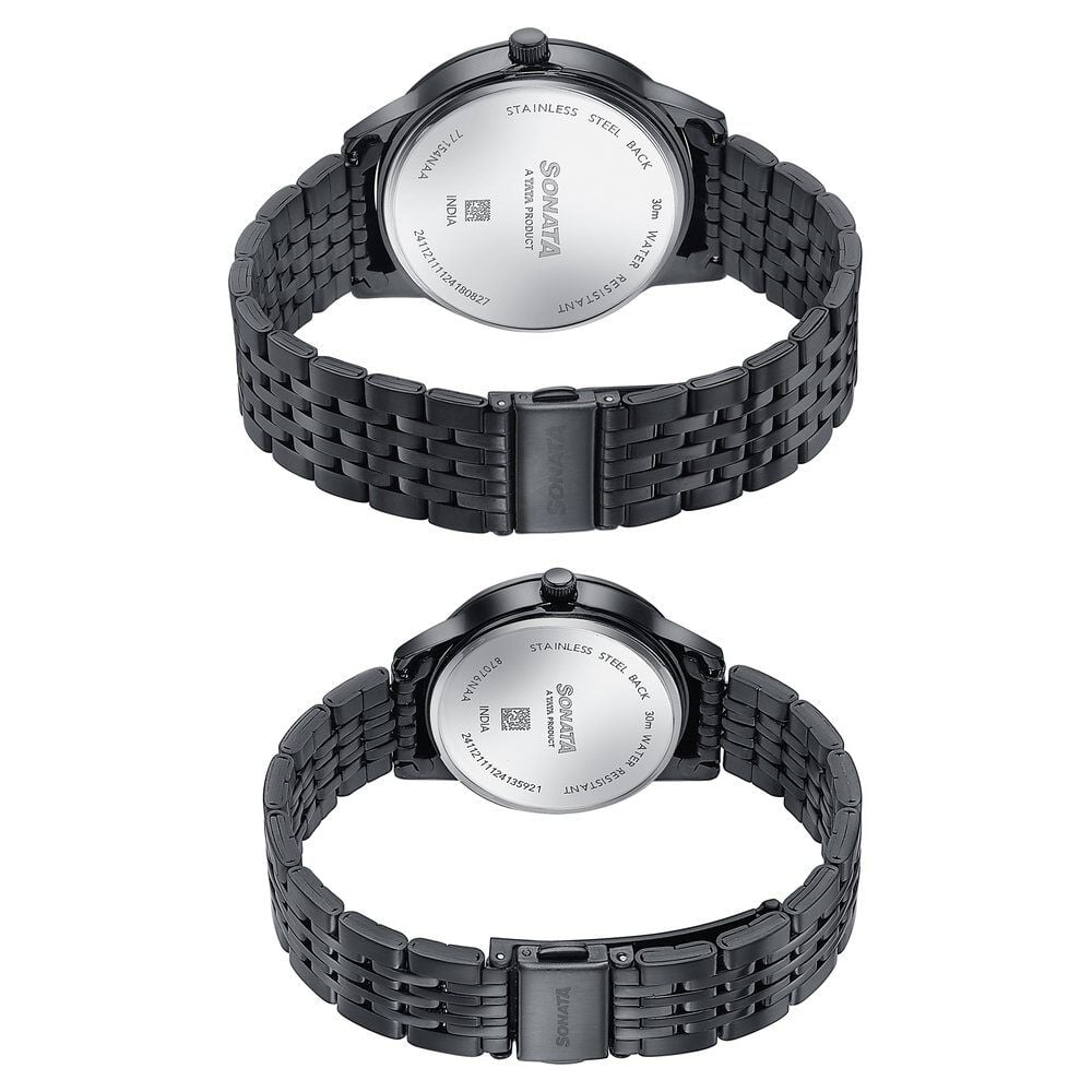 Sonata Wedding Edit Quartz Analog Black Dial Stainless Steel Strap Watch For Pair