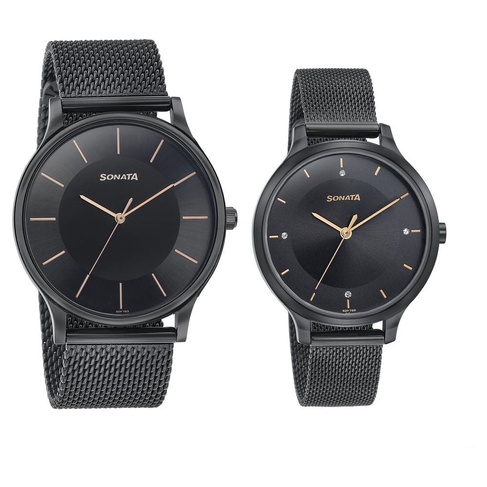 Sonata Modern Bandhan Quartz Analog Black Dial Black Stainless Steel Strap Watch For Couple