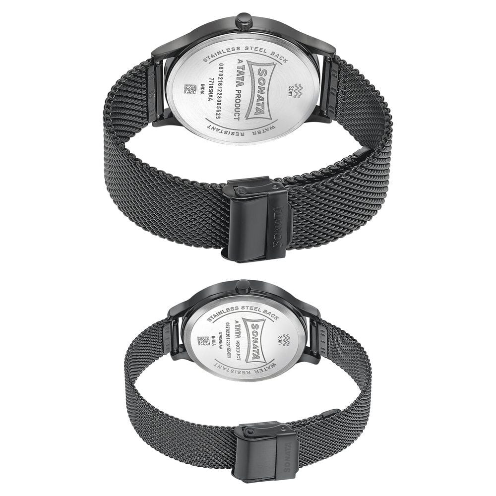 Sonata Modern Bandhan Quartz Analog Black Dial Black Stainless Steel Strap Watch For Couple
