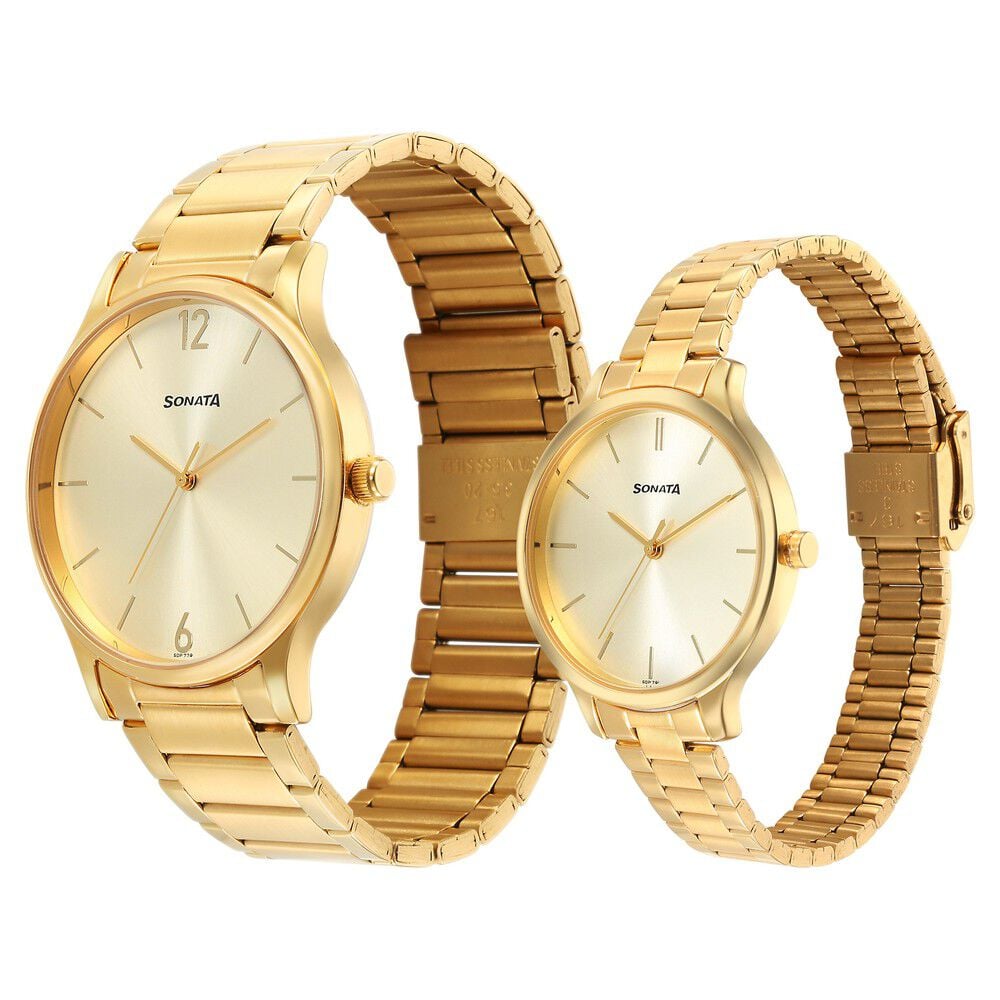 Sonata Pair Quartz Analog Champagne Dial Stainless Steel Strap Watch for Couple