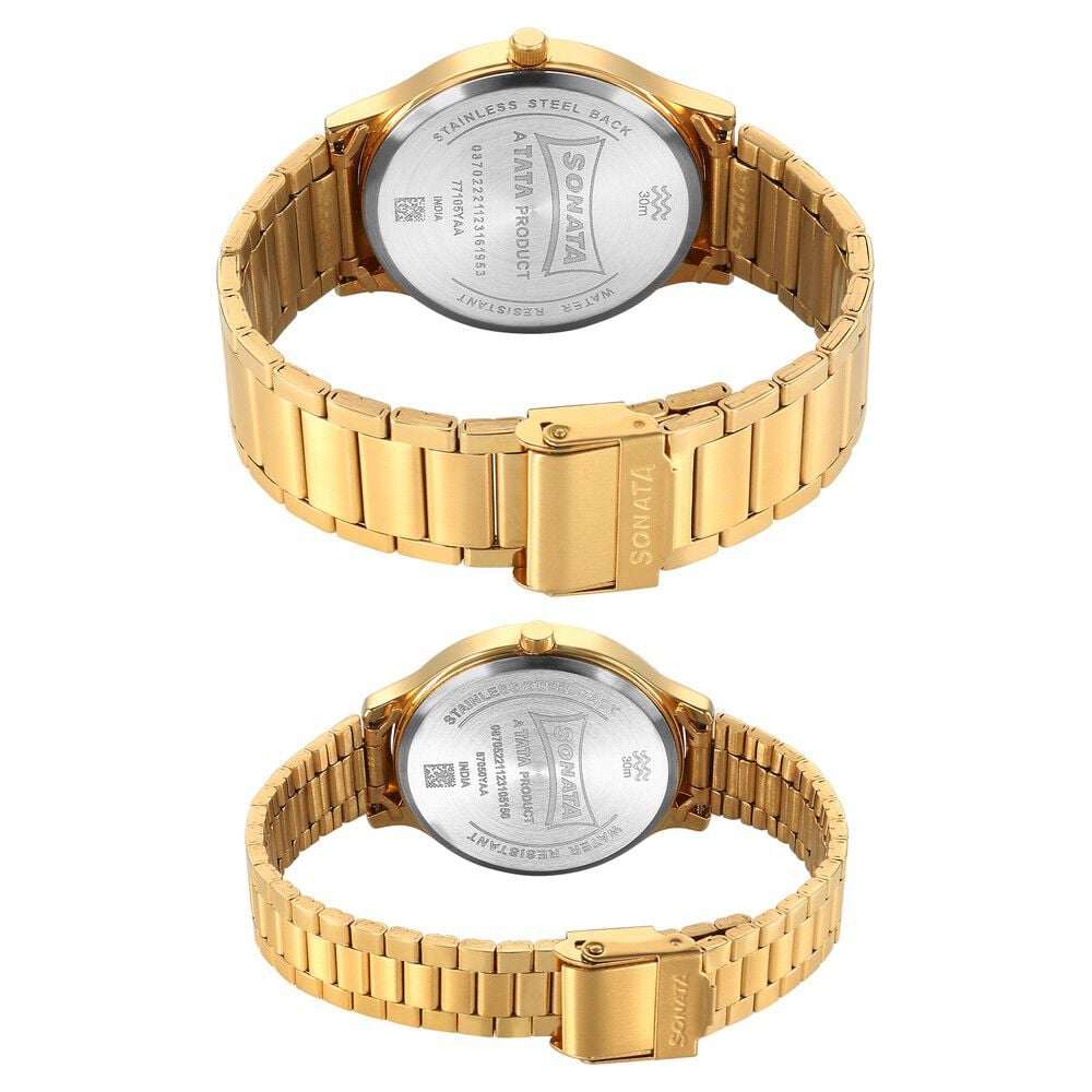 Sonata Pair Quartz Analog Champagne Dial Stainless Steel Strap Watch for Couple