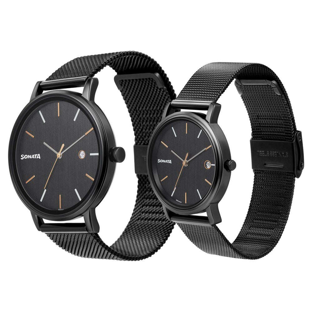 Sonata Quartz Analog with Date Black Dial Metal Strap Watch for Couple
