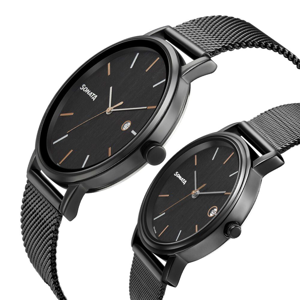 Sonata Quartz Analog with Date Black Dial Metal Strap Watch for Couple