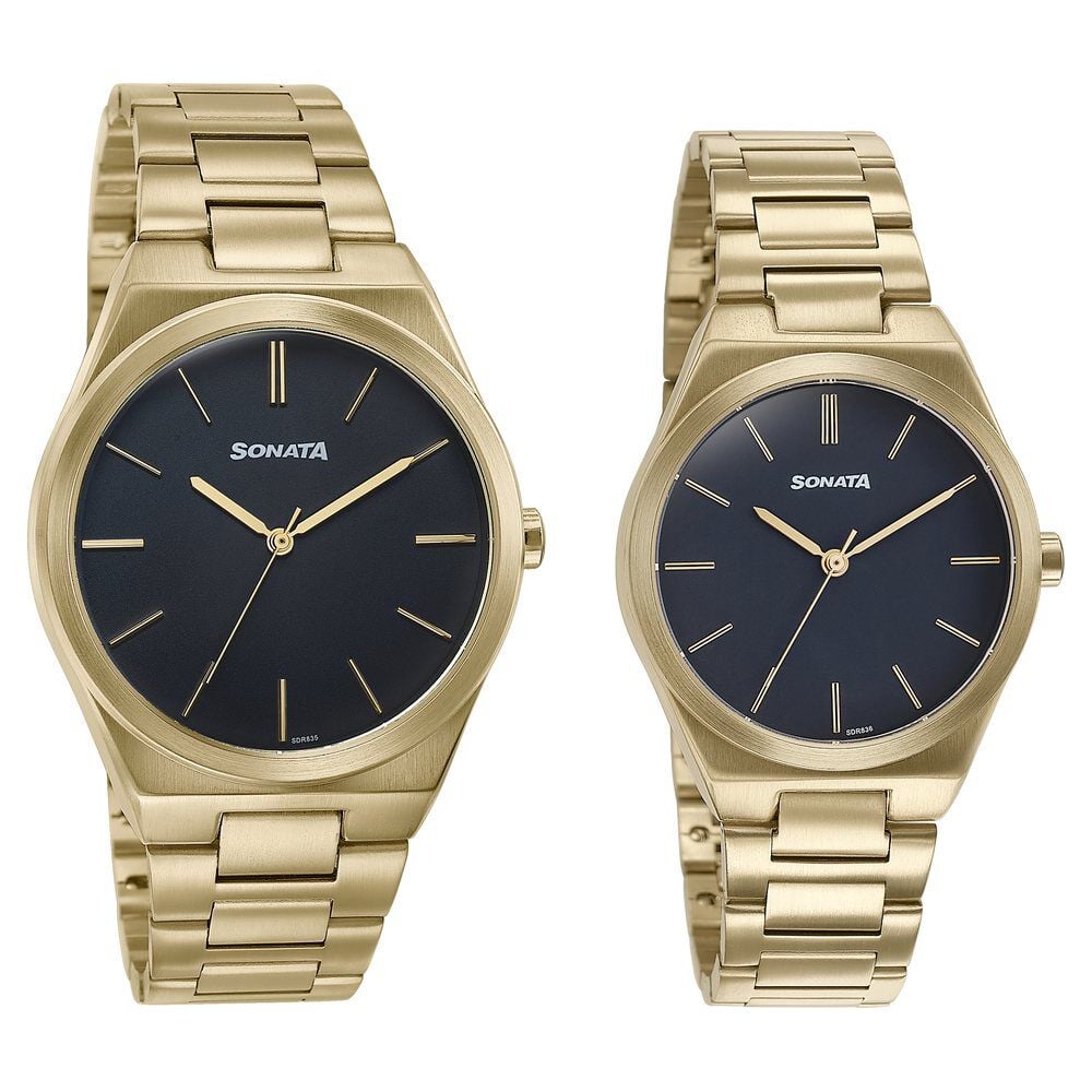 Sonata Wedding Edit Quartz Analog Black Dial Stainless Steel Strap Watch For Pair