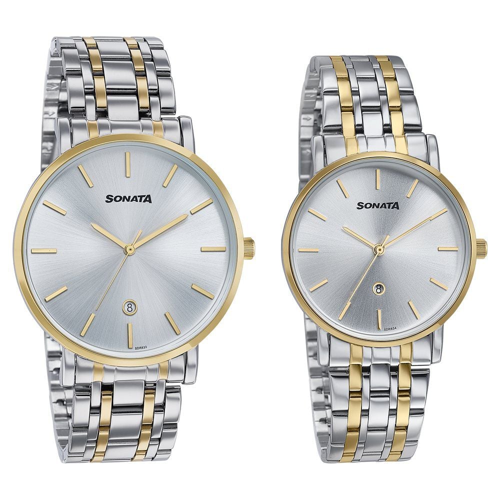 Sonata Wedding Edit Quartz Analog with Date Silver Dial Stainless Steel Strap Watch For Pair