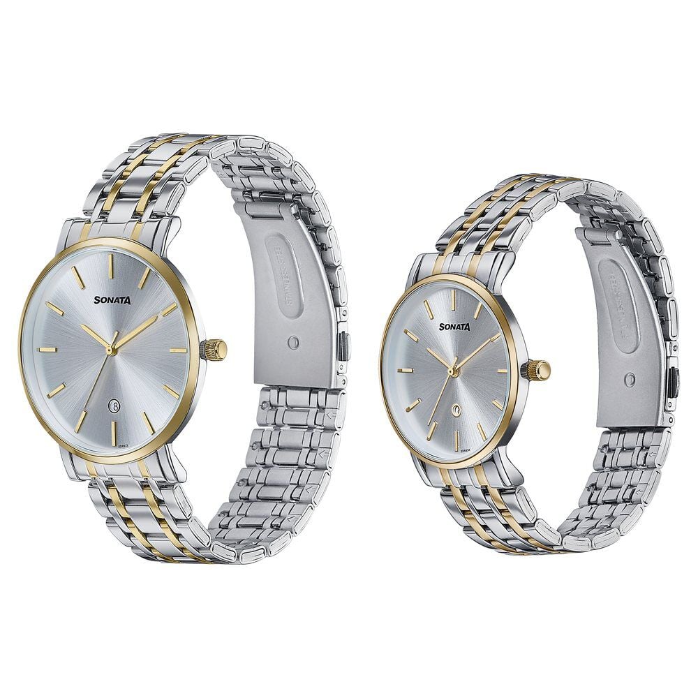 Sonata Wedding Edit Quartz Analog with Date Silver Dial Stainless Steel Strap Watch For Pair